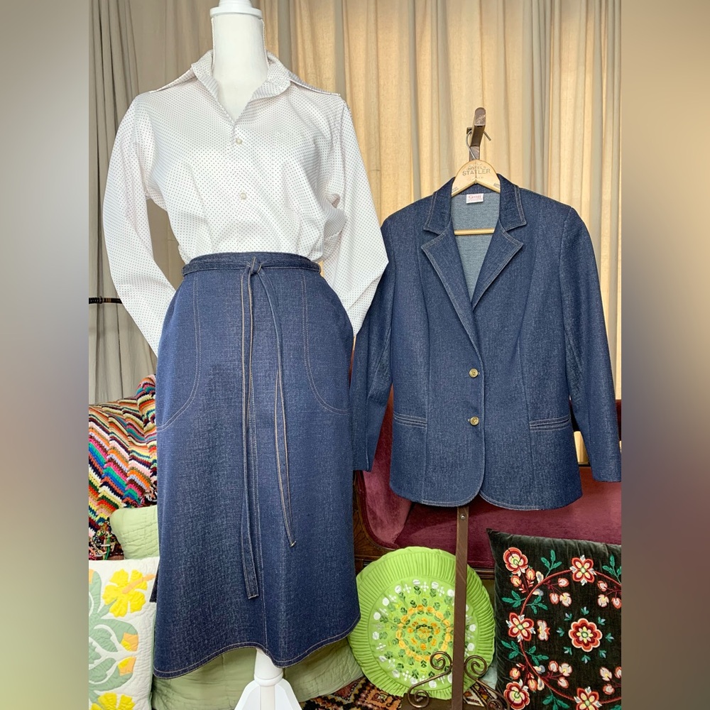 70s Denim Polyester Skirt Suit